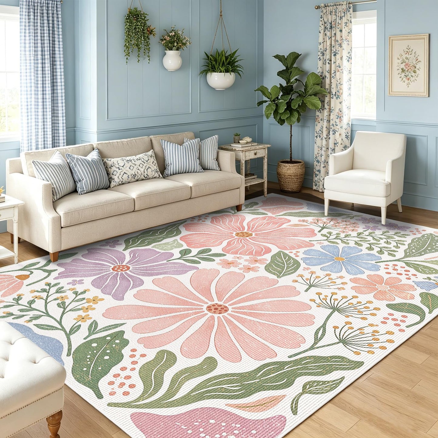 Pink Floral Area Rug for Living Room, 5x7 Soft Low Pile Washable Stain Resistant Non Slip Carpet, Boho Modern Abstract Botanical Pattern for Bedroom Sunroom