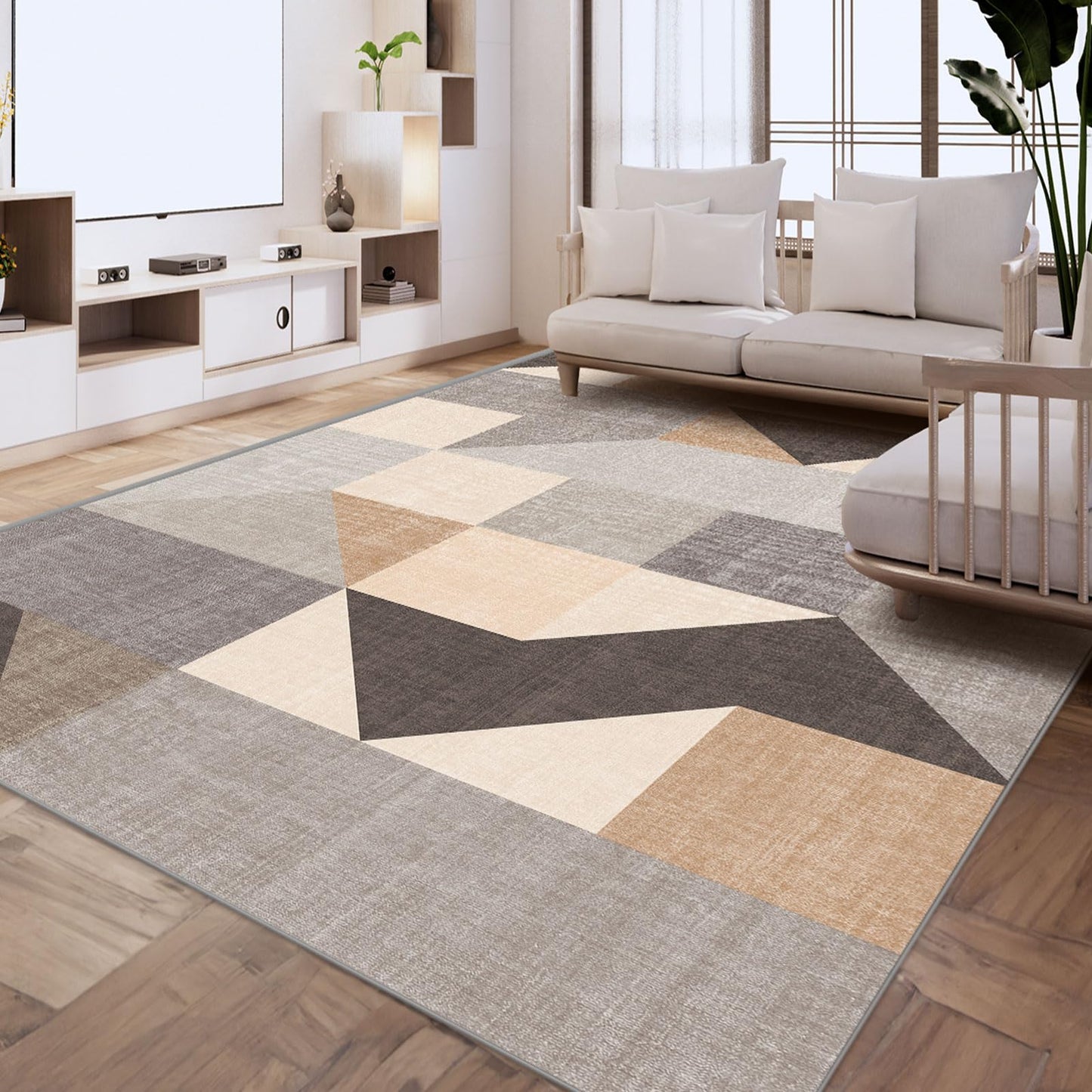 HOMFINE Modern Geometric Area Rug – Machine Washable & Non Slip, Soft Non Shedding Rug for Living Room and Bedroom - Grey Brown, 5'x7'