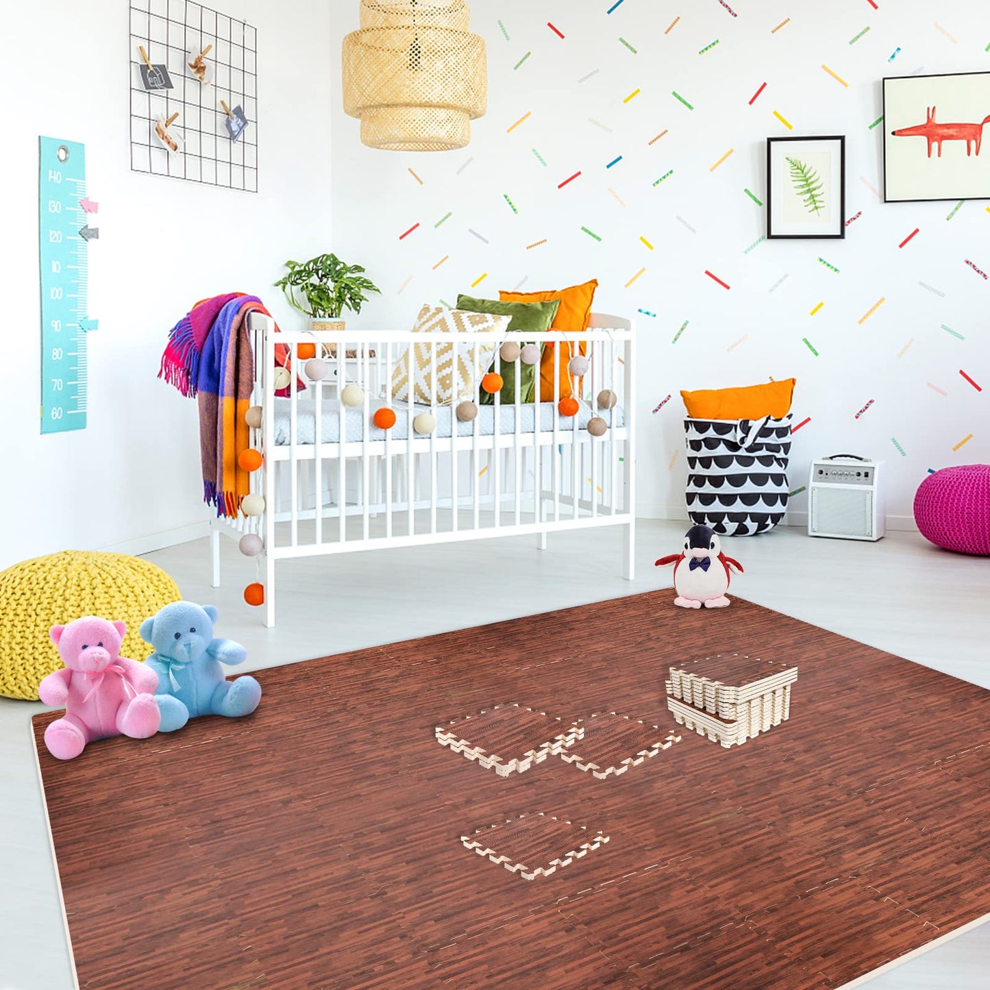 Smabee 16pcs Interlocking Printed Wood Grain EVA Foam Mats Protective Floor Tiles Exercise Play Mat for Kids Room Parlor Bedroom Home 11.8" x 11.8" (Wood Grain Brown)