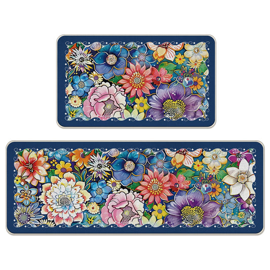 Livcoz Boho Floral Kitchen Rugs Set of 2, Vintage Colorful Flowers Peony Floor Mats Decor, Retro Bohemian Botanical Door Mat Home Decorations - 17x29 and 17x47 Inches