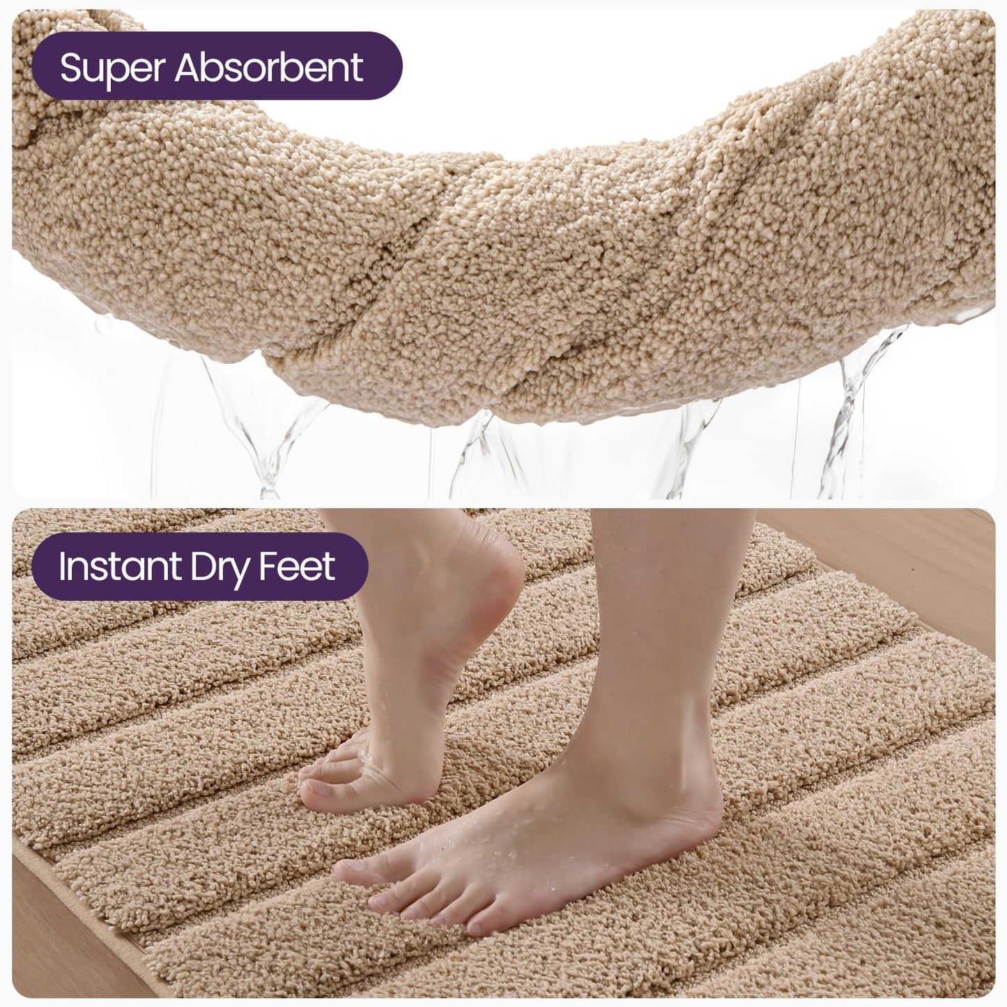 DEXI Bathroom Rugs 30x17, Machine Washable Non Slip Bath Mat, Soft Microfiber Absorbent Quick Dry Bath Rugs for Shower Floor, Sink, Tub, Beige