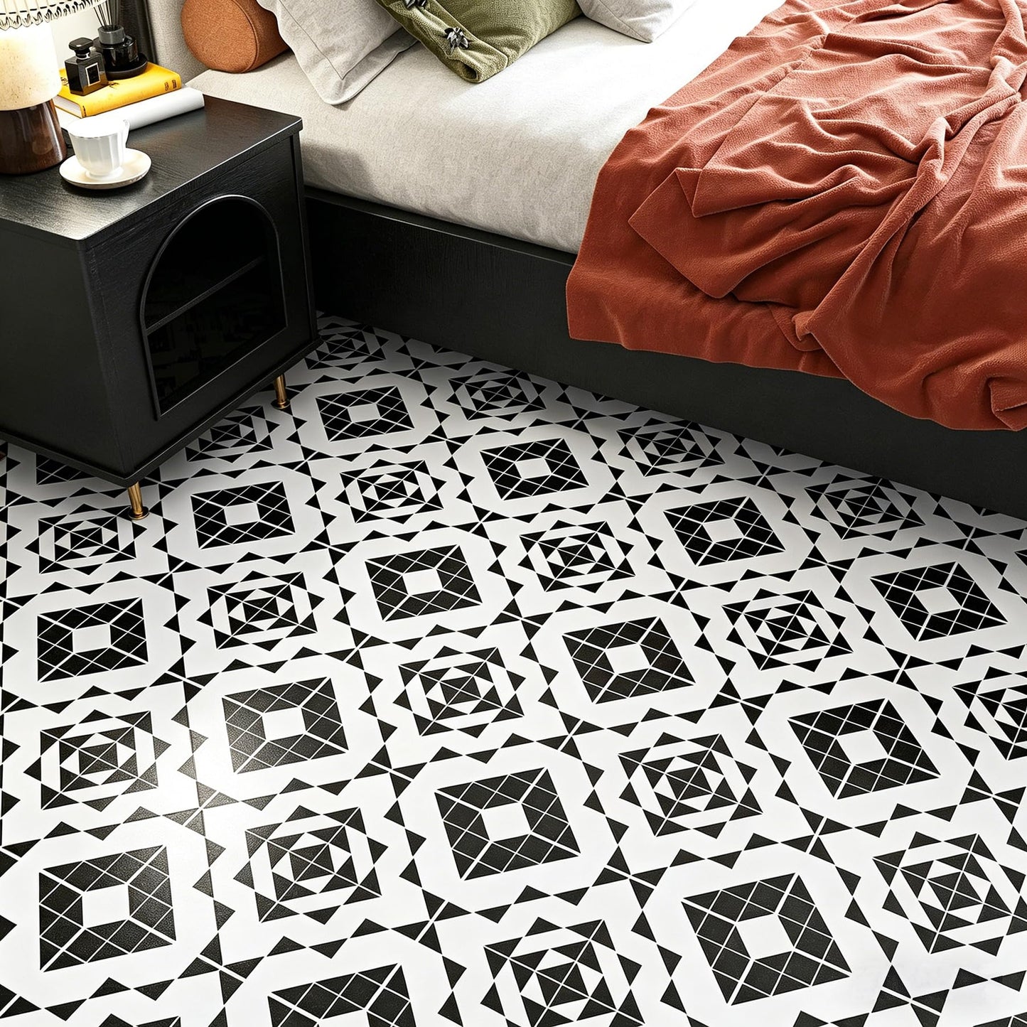 LaCheery 12x177 Vinyl Flooring Roll Waterproof Black and White Floor Tiles Peel and Stick Waterproof Bathroom Floor Tile Peel and Stick Flooring Tiles Renter Friendly Tile Stickers for Kitchen Garage