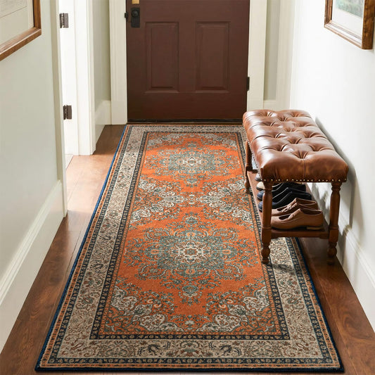 Rtizon 2x6 Runner Rug for Bedroom, Machine Washable Non-Slip Orange Rust Vintage Runner Rug for Hallway Entryway, Distressed Floral Rustic Carpet, Low Pile Pet Friendly Floor Mat