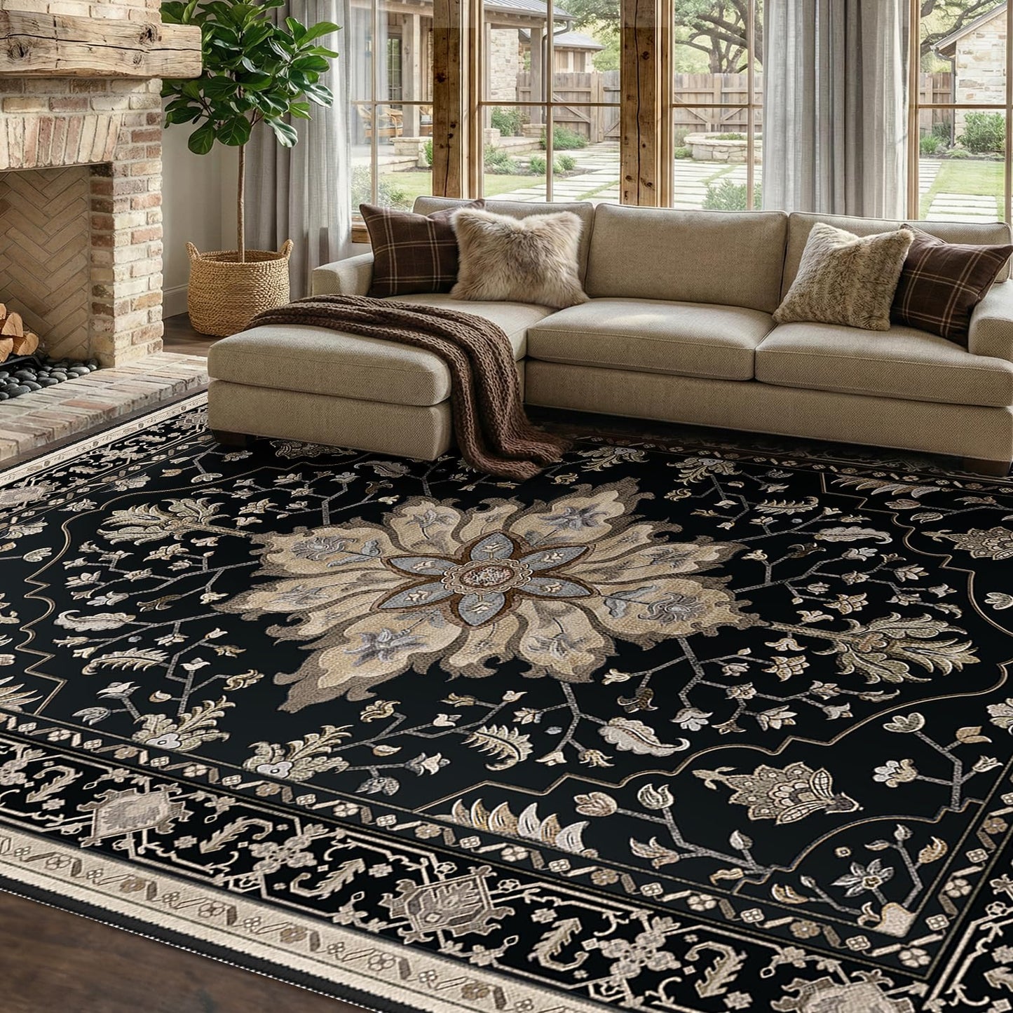 RELEANY Area Rugs 8'x10' Washable Non-Slip, Floral Vintage Distress Medallion Carpet for Living Room Bedroom Dining Room, Black Brown Neutral Dark Tan