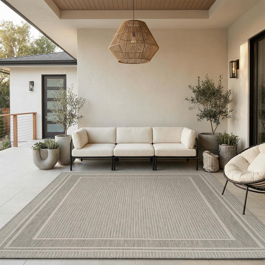 MontVoo-Outdoor Rug-Patio Rug 8x10 ft Polypropylene Indoor Outdoor Rugs Outdoor Carpet for Patio Deck Balcony Porch, Textured Weave, Durable for High Traffic, Fade-Resistant, Modern Silver Grey
