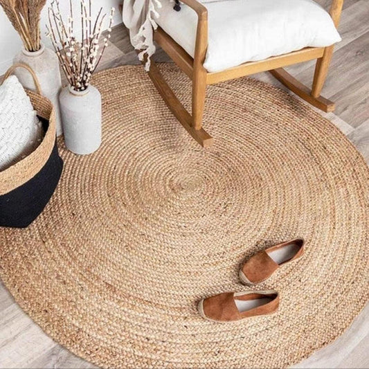 Jute Braided Area Rug, 4 feet Round Jute Braided Rug, Stain Resistan Natural Handmade Circle Boho Area Rug for Entryways, Living Room, Bedroom, Farmhouse Vintage Decor, Reversible Rug