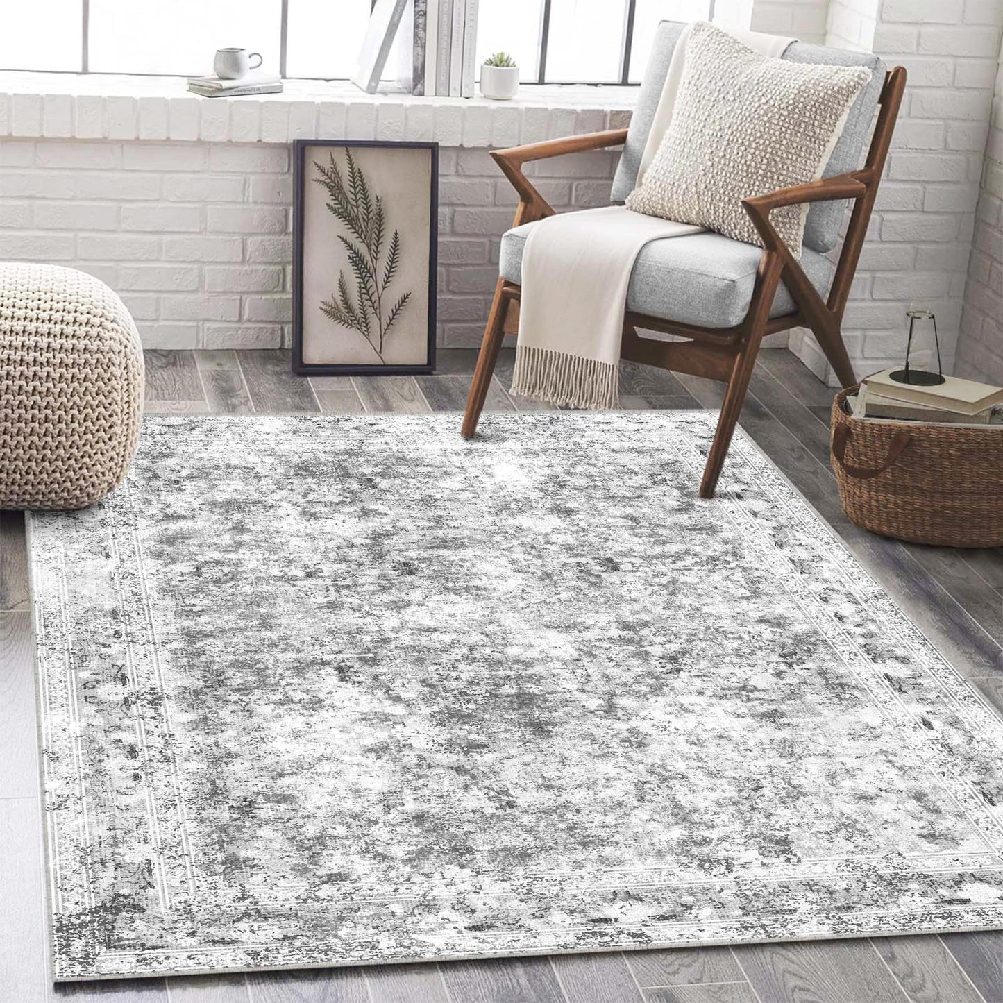 LOOMY 4x6 Grey Washable Rug – Faux Wool Plush Carpet for Living Room or Bedroom, Stain-Resistant & Pet-Friendly
