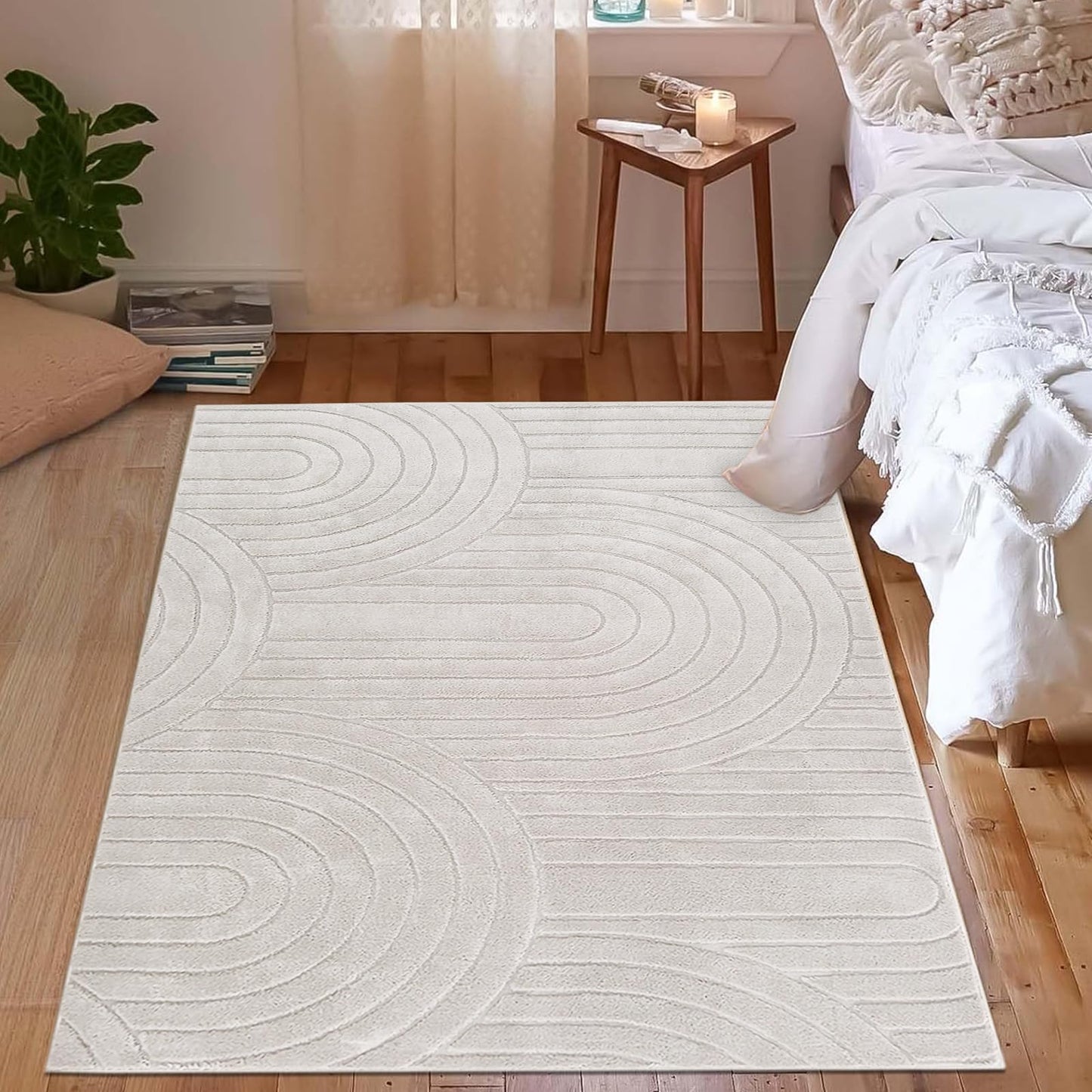 Lacomfy Soft Cozy Fluffy Arch Pattern Area Rug High-Low Pile Living Room Rug Modern Minimalist Throw Carpet - Nonslip, Washable, Soft Bedroom Rug (Stripe,Cream,4x5.3)