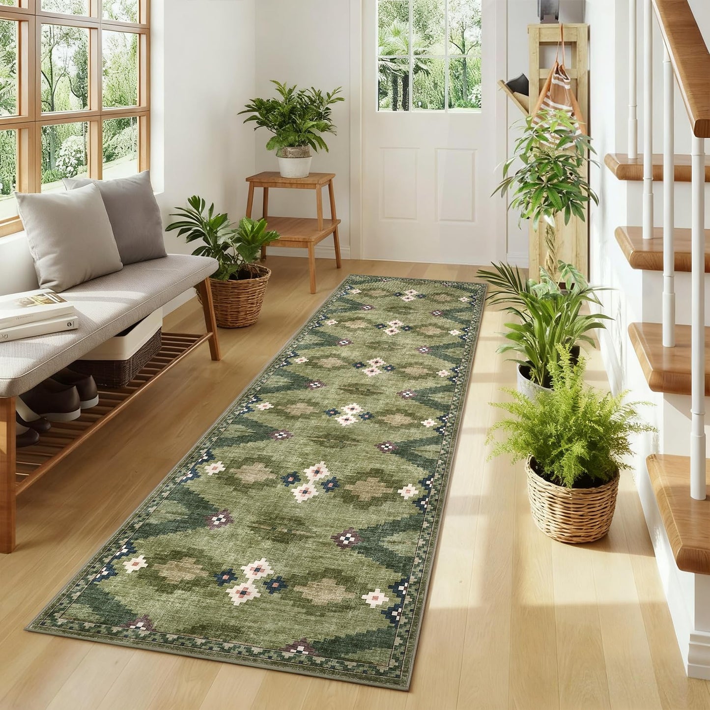 Hallway Runner Rug 2x6 Modern Geometric Non Slip Kitchen Runner Carpets Stain Resistant Mid Century Tribe Runners Soft Low Pile Boho Runner Mat for Laundry Bedroom Living Room Nursery Bedside, Green