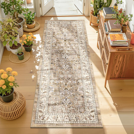 LOKHOM Washable Runner Rug, 2x6 Non-Slip Vintage Hallway Runner Rug with Rubber Backing, Boho Floral Soft Faux Wool Kitchen Rug Carpet Runner for Kitchen Laundry Entryway Bedroom (Beige Brown)
