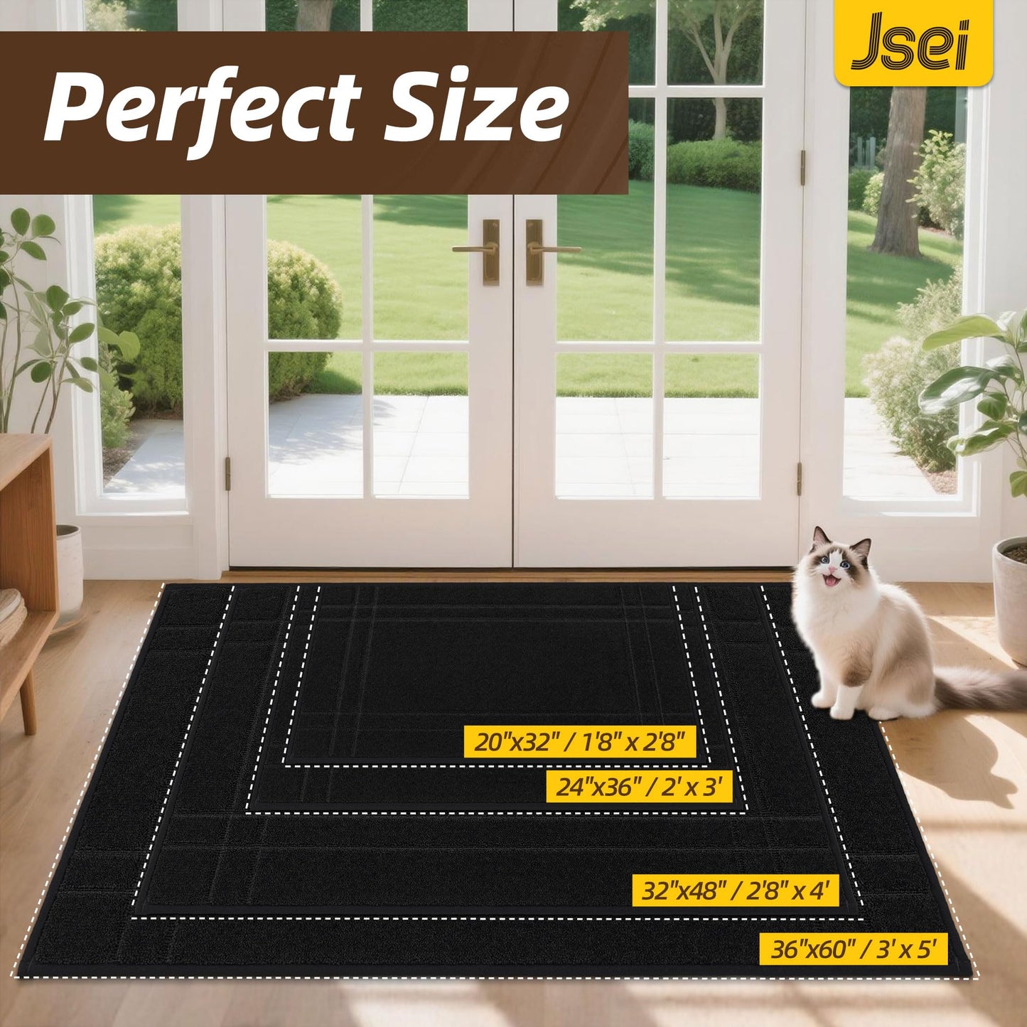 JSEI Door Mat for Entrance, Washable Low Profile Doormat for Front Door & Back Door, Absorbent Entryway Rugs with TPR Non-Slip Backing for Wet Shoes & Dirty Paws, 24" x 36", Black