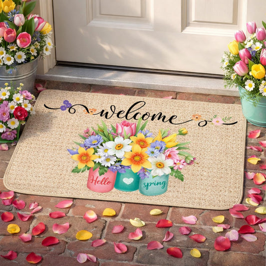 Zhanmai Spring Welcome Mats Hello Spring Floral Door Mat Colorful Tulip Flower Rug Indoor Entrance Cute Decorative Outdoor Doormats Non Slip Outside Rug for Front Door, 16" x 28"