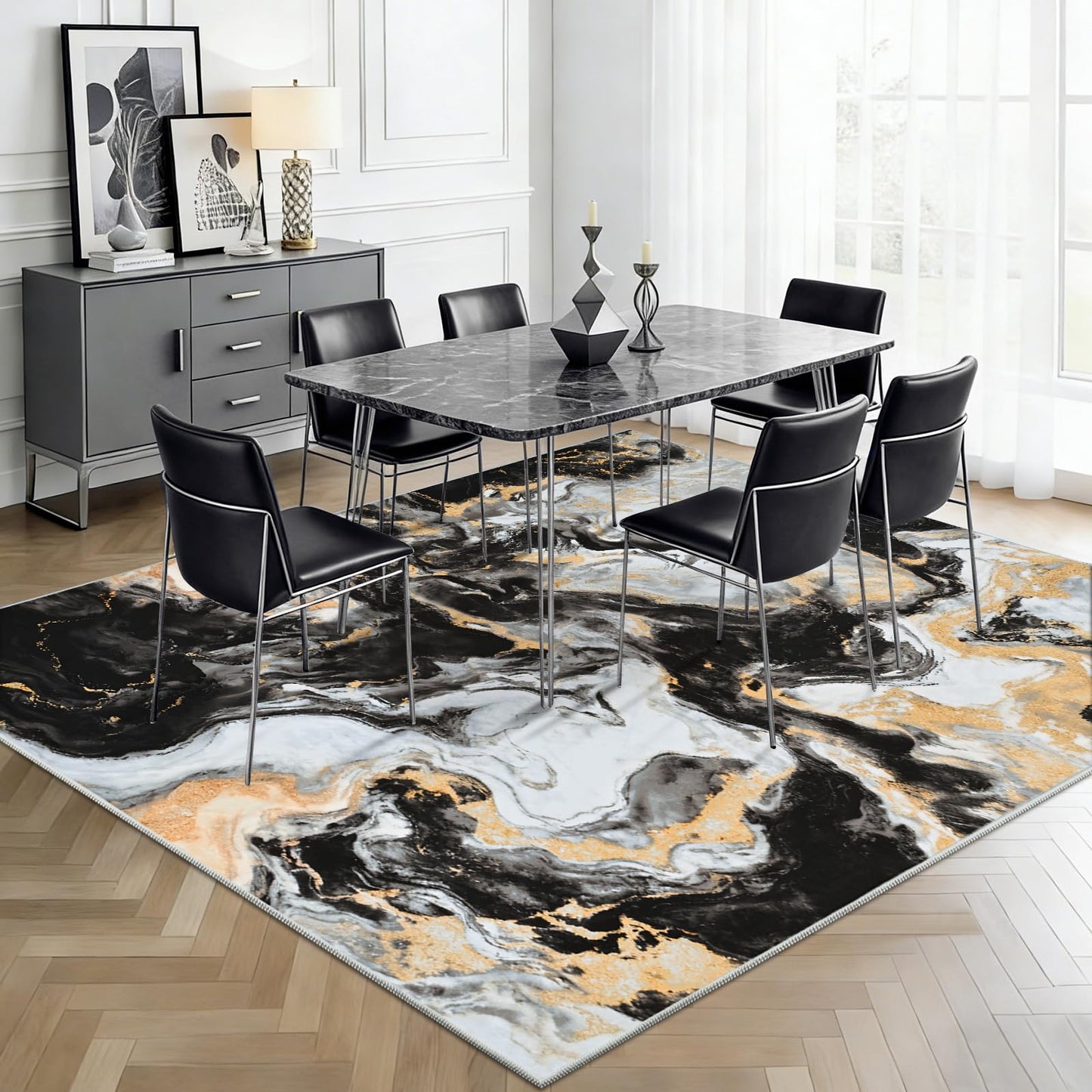 Yinhua Washable Rug 5x7, Marble Black and Gold Rugs Non Slip, Abstract Area Rugs Low Pile, Soft Faux Wool Modern Throw Rug Pet Friendly, Contemporary Floor Carpet for Living Room Bedroom Kitchen