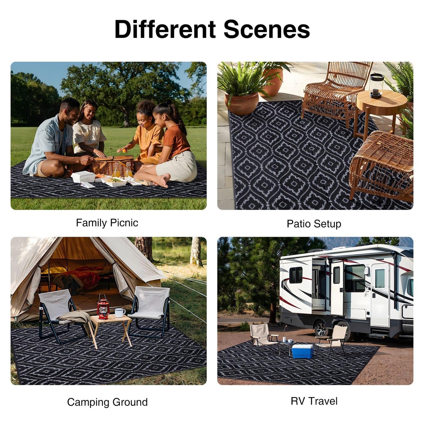 OLANLY Outdoor Rug 6x9 ft Waterproof, Outdoor Plastic Straw Rug with Geometric Pattern Clearance, Reversible RV Mat for Patio, Camping, Balcony, Deck, Backyard, Black & Grey