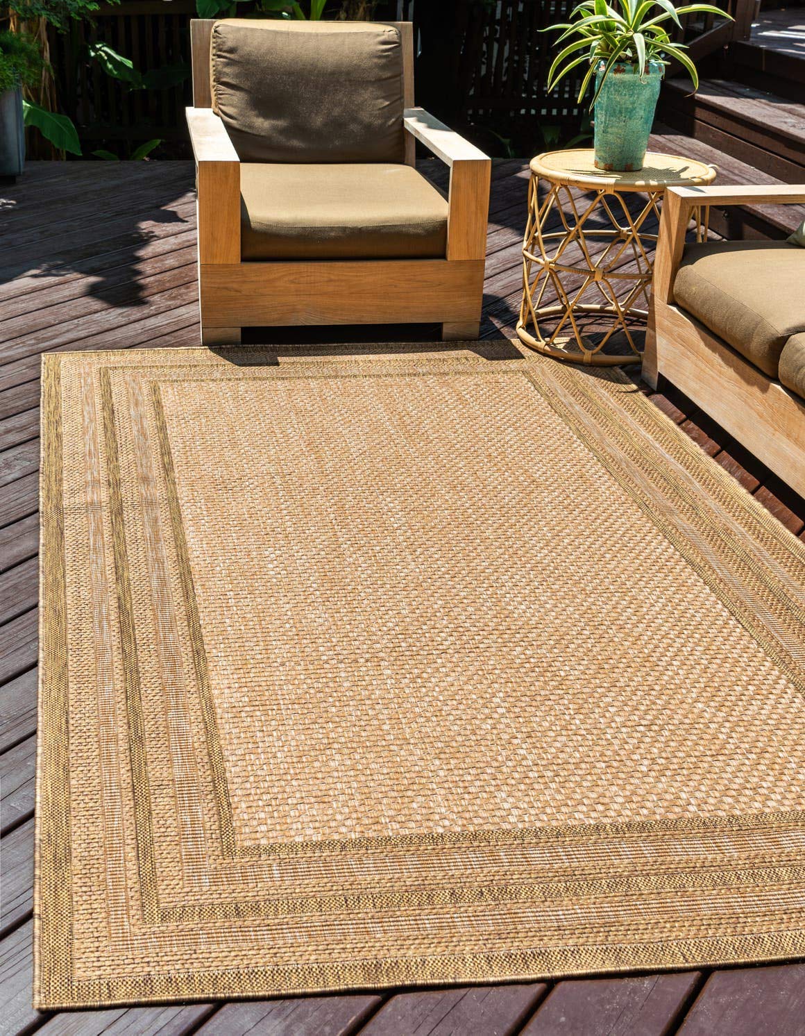 Unique Loom Outdoor Border Collection Area Rug - Multi Border (6' 1" x 9' Rectangle, Tan/ Light Brown)