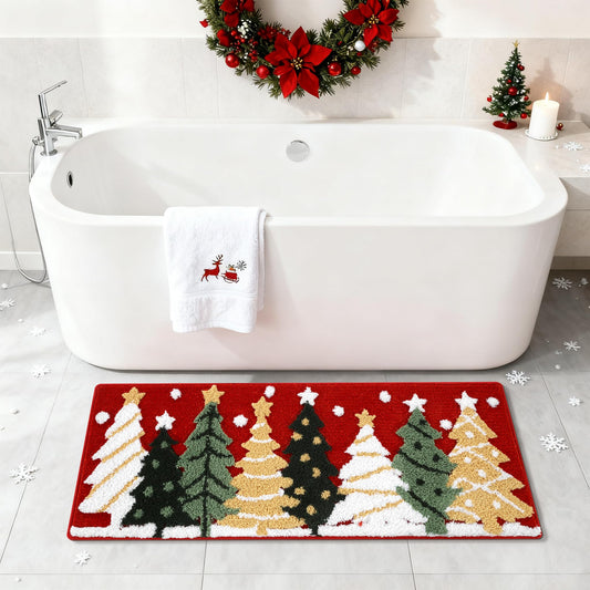 Moutina Christmas Tree Bathroom Runner Rug 18x45 Inch, Winter Soft and Absorbent Tufted Xmas Snowflake Bath Mat Non Slip Washable, Christmas Bathroom Decor Rug Red Holiday Decorations