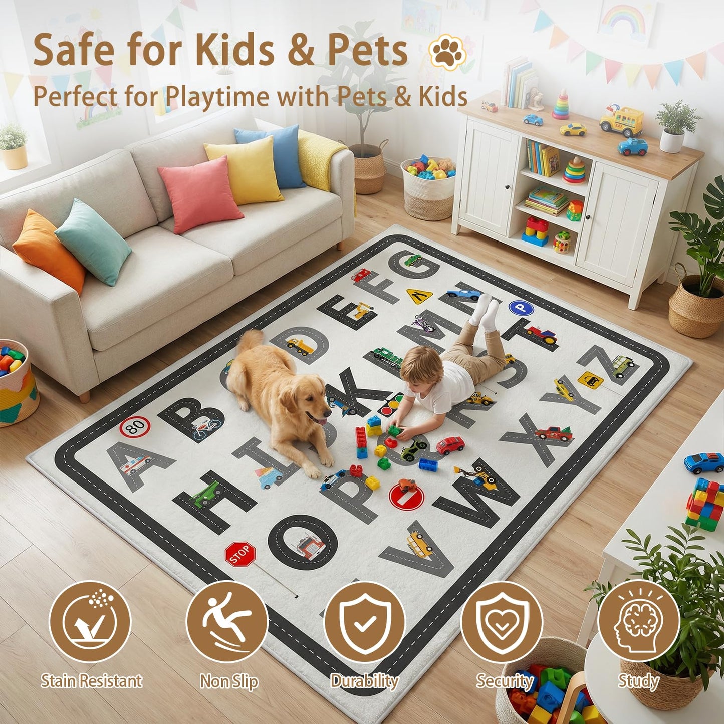 5x7 Ft ABC Alphabet Educational Area Rug for Children Toddler Girls Boys Leaning, Car Rug Play Mat for Kids Room, Playroom, Classroom, Nursery, Daycare, Non-Slip & Thick Faux Wool Kids Carpet-Washable
