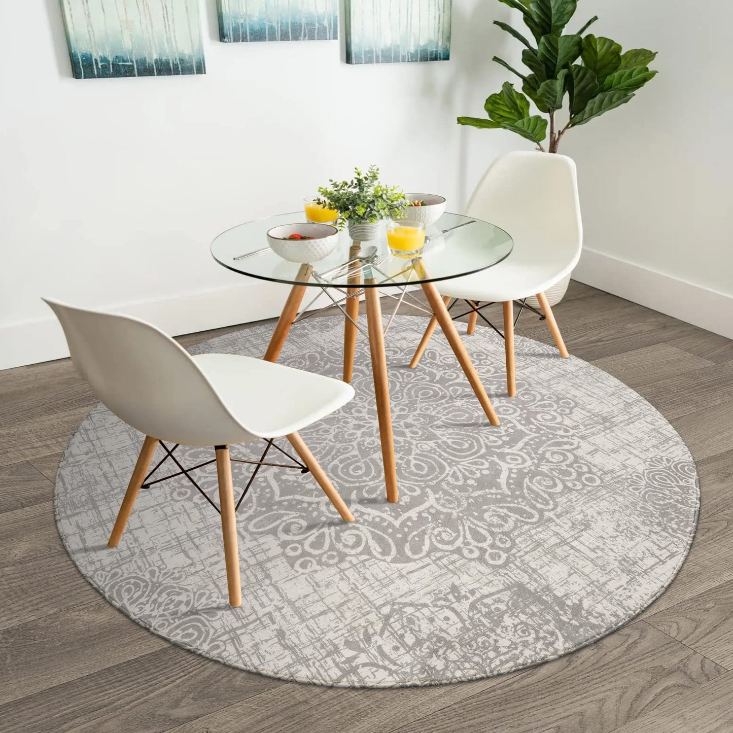 Lahome Medallion Round Rug - 5ft Machine Washable Round Bedroom Rugs Grey Non-Slip Throw Round Rugs for Living Room Vintage Distressed Circle Dinning Room Rug Large Round Carpet for Kitchen Office