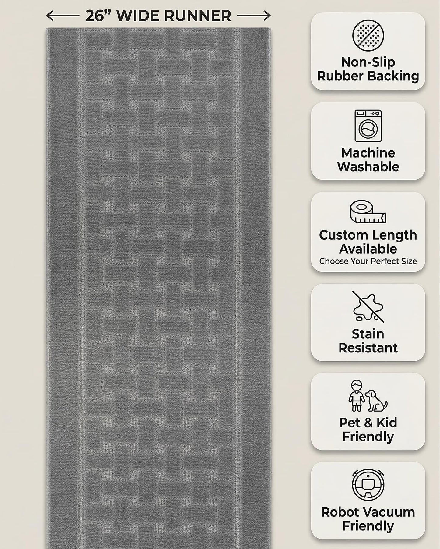 Runner Rug 15 ft, Non-Slip Washable Rug, Grey Textured Carpet for Kitchen Hallway Entryway, Rubber Backing, Indoor, Rolled in Box (26" x 15'), Custom Length Floor Runner