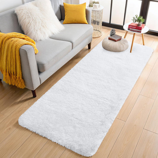 OLANLY 2x8 Machine Washable Runner Rugs for Hallway, Soft Fluffy Shaggy Bedside Rugs for Bedroom, Living Room, Indoor Floor Carpet for Kids Girls and Boys, Nursery Rooms, Home Decor Aesthetic, White