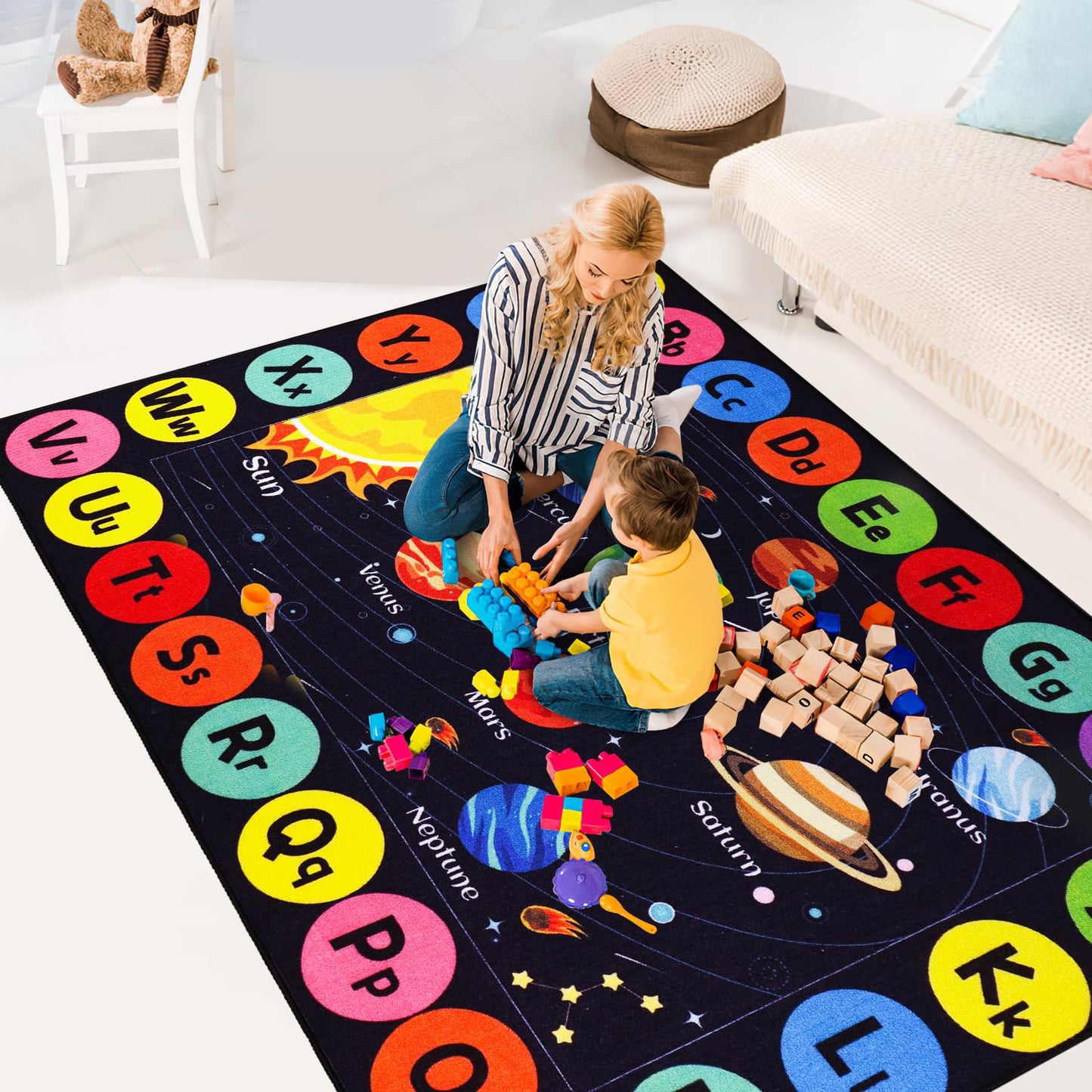 AKASISRUG Outer Space Kids Rug Carpet for Playroom, ABC Educational Learning Area Rug, Non-Slip Solar System Road Play Play Rug for Kids Bedrooms, Classroom, Room Decor (Black, 59X39.4 INCH)