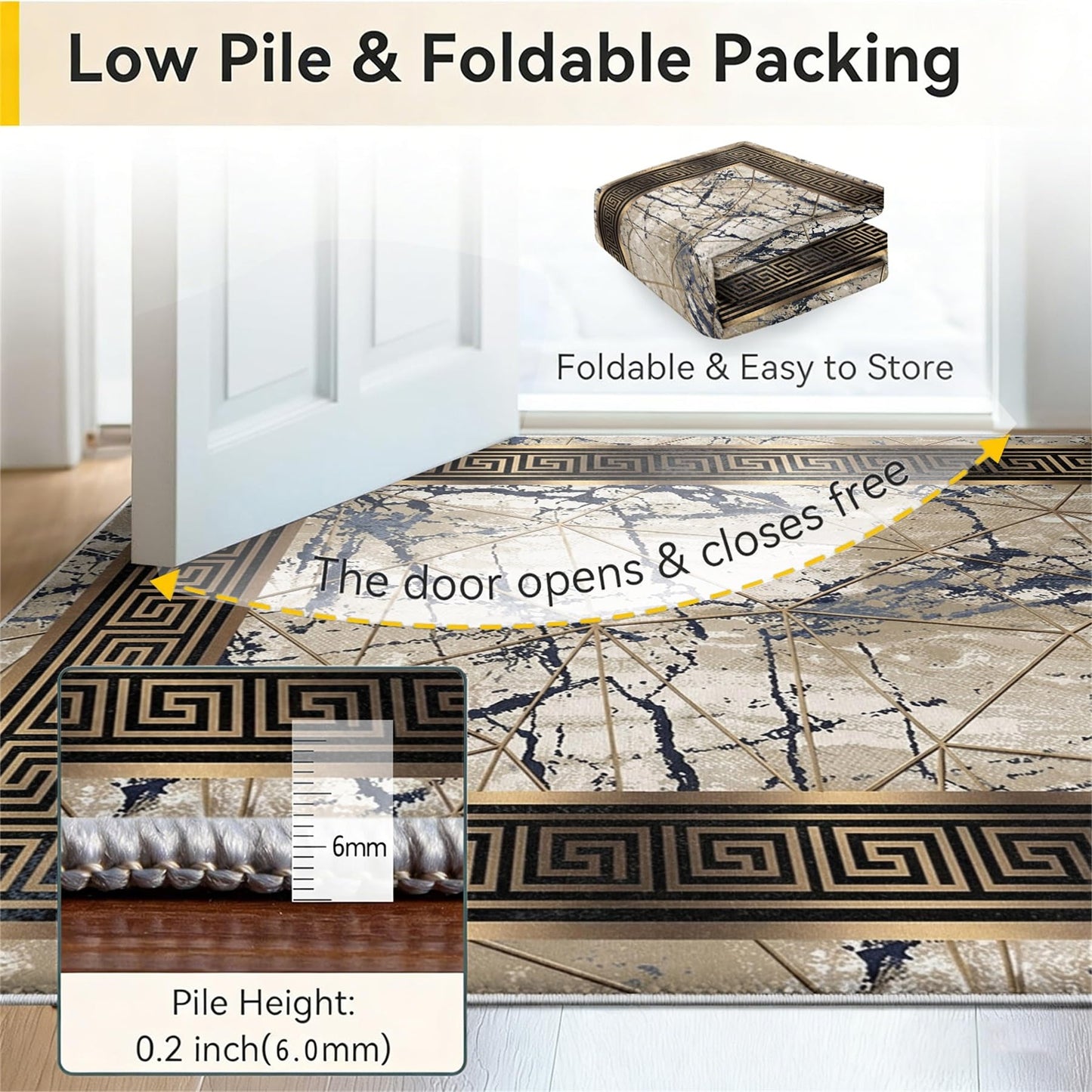 Greek Key Marble Area Rug 5x7ft, Gold Black Grey Blue Geometric Low Pile Carpet, Non-Slip Washable Stain Resistant Floor Mat, Modern Glam Abstract Border Design for Living Room, Bedroom, Office