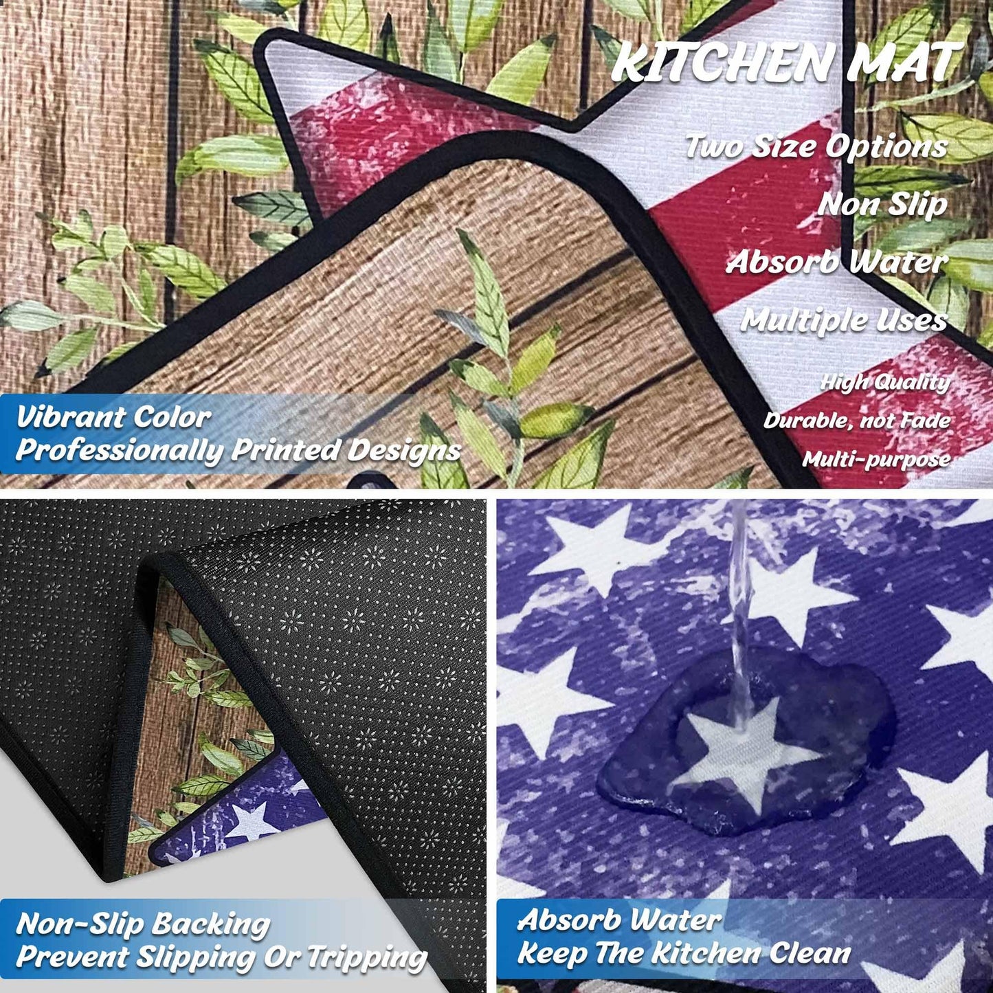 4th of July Kitchen Rugs Set of 2, Blue American Flag Stars Rug Forth of July Decorations Non Slip Backing Patriotic Kitchen Mats for Floor Memorial Day Home Decor (4th of July 2, 17"x47.2"+17"x30")