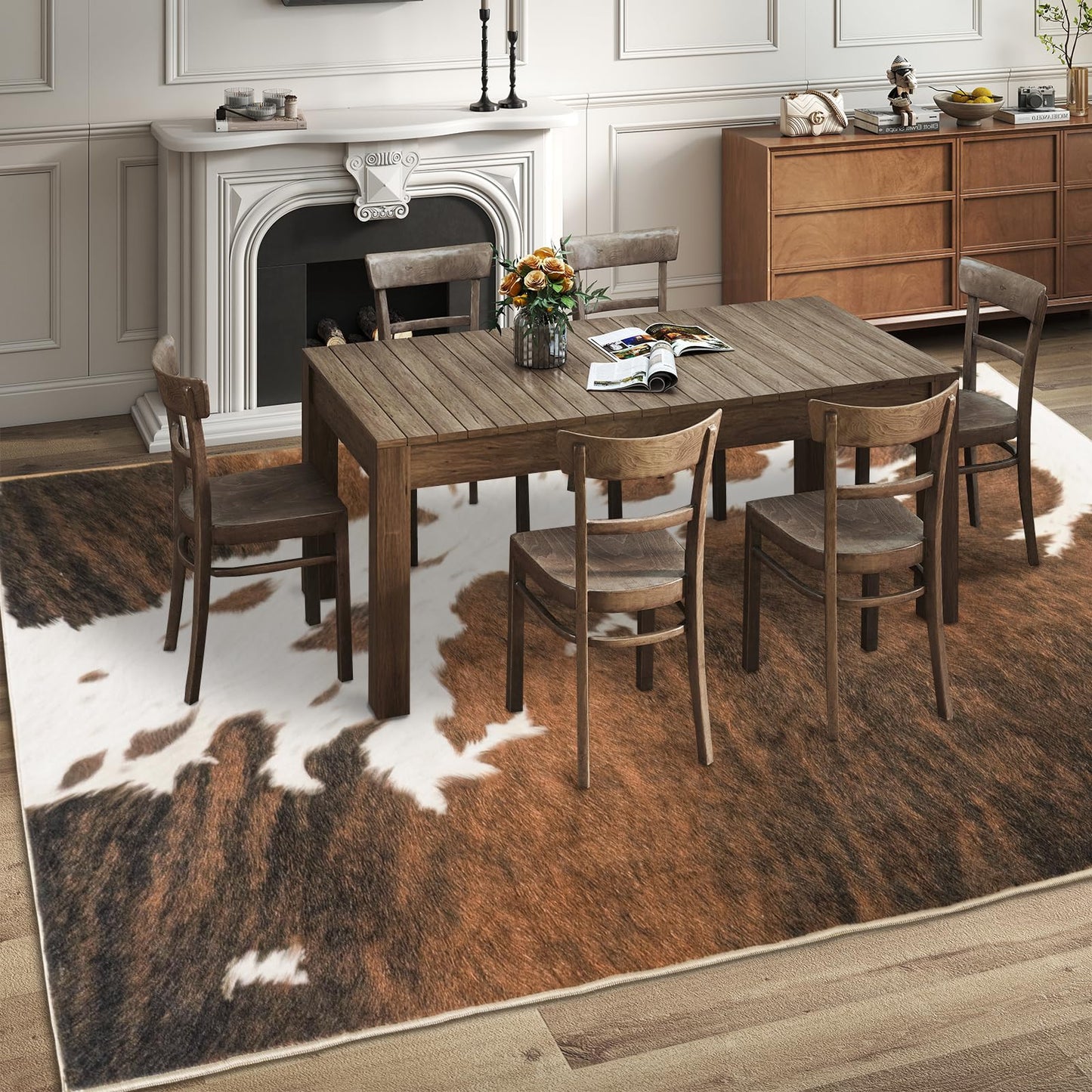 plumlik Cowhide Rug Area Rugs for Living Room, 8x10 Cow Print Rug Machine Washable for Bedroom Dining Room Western Home Decor Non-Slip Low Pile Indoor Floor Carpet