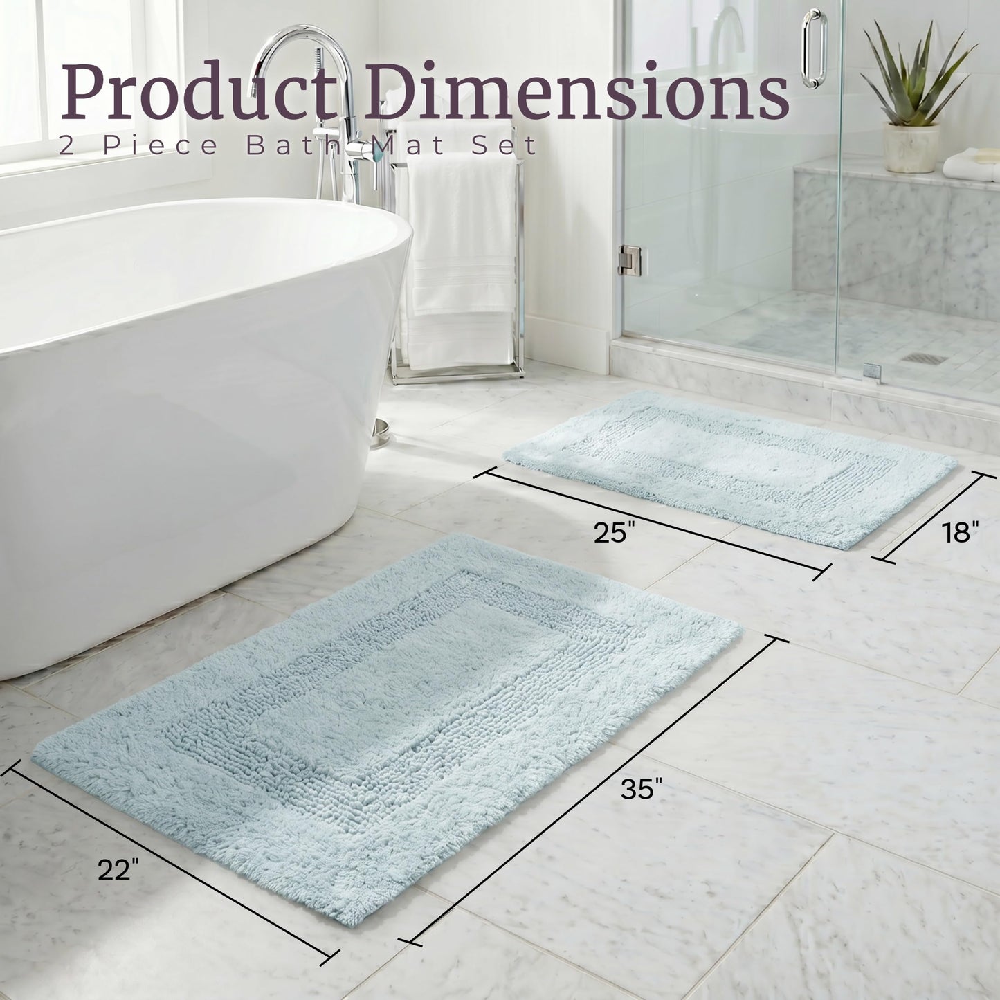 Cotton Bath Mat Set- 2 Piece 100 Percent Cotton Mats- Reversible, Soft, Absorbent and Machine Washable Bathroom Rugs By Lavish Home (Seafoam)
