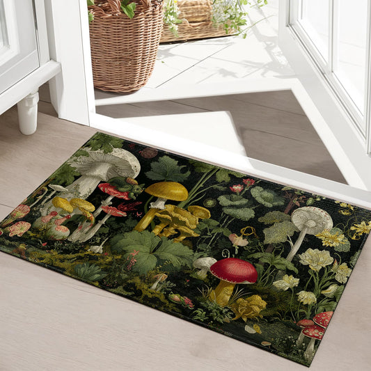 SOOYAH Mushroom Garden Indoor Door Mat, Fantasy Fungi and Plant Front Doormats, Magical Botanical Entryway Area Rug 17x29.5 Inch Soft Non Woven Floor Mats for Hallway Kitchen Bathroom Decor Gifts