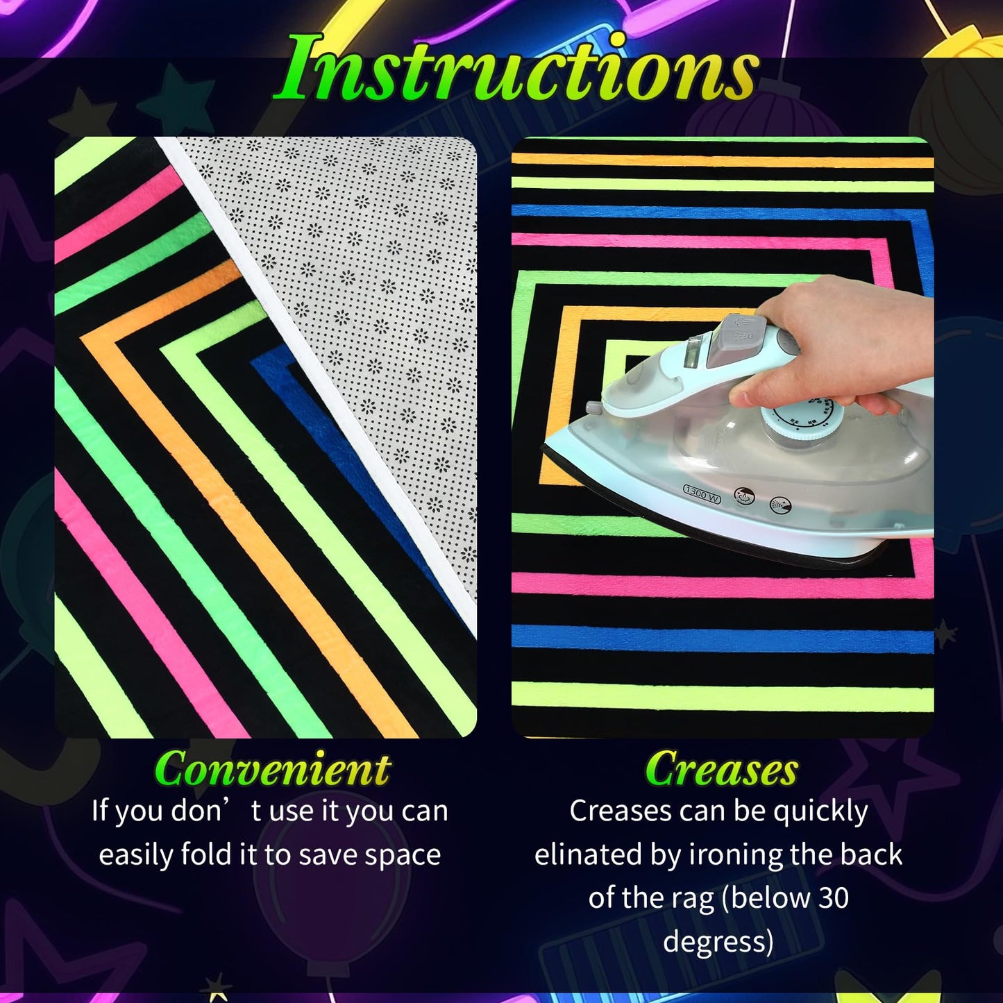 Duraaamo 39×39'' Neon Dance Floor, Glow in The Dark Dance Floor 80s 90s Party Decoration, Blacklight Rug UV Reactive Fluorescent Non-Slip Carpet Runner for Birthday Game Playroom(Square)