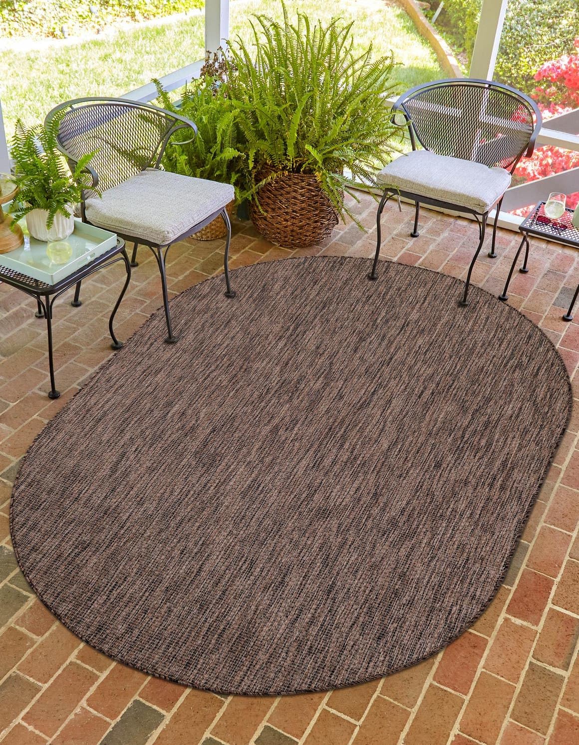 Unique Loom Outdoor Solid Collection Area Rug (3' 3" x 5' 3" Oval Light Brown/Ivory)