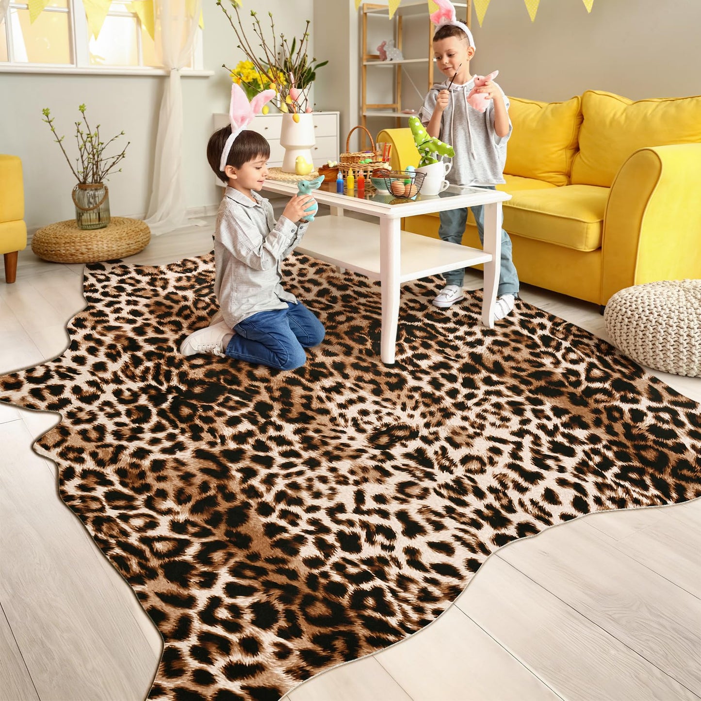 Pettop Luxury Faux Leopard Print Rug 4.6x5.2 Ft - Western Cheetah Area Rugs for Living Room, Bedroom, Farmhouse - Premium Western Faux Fur Carpet, Non-Slip Animal Hide Throw Rugs, Dark Brown