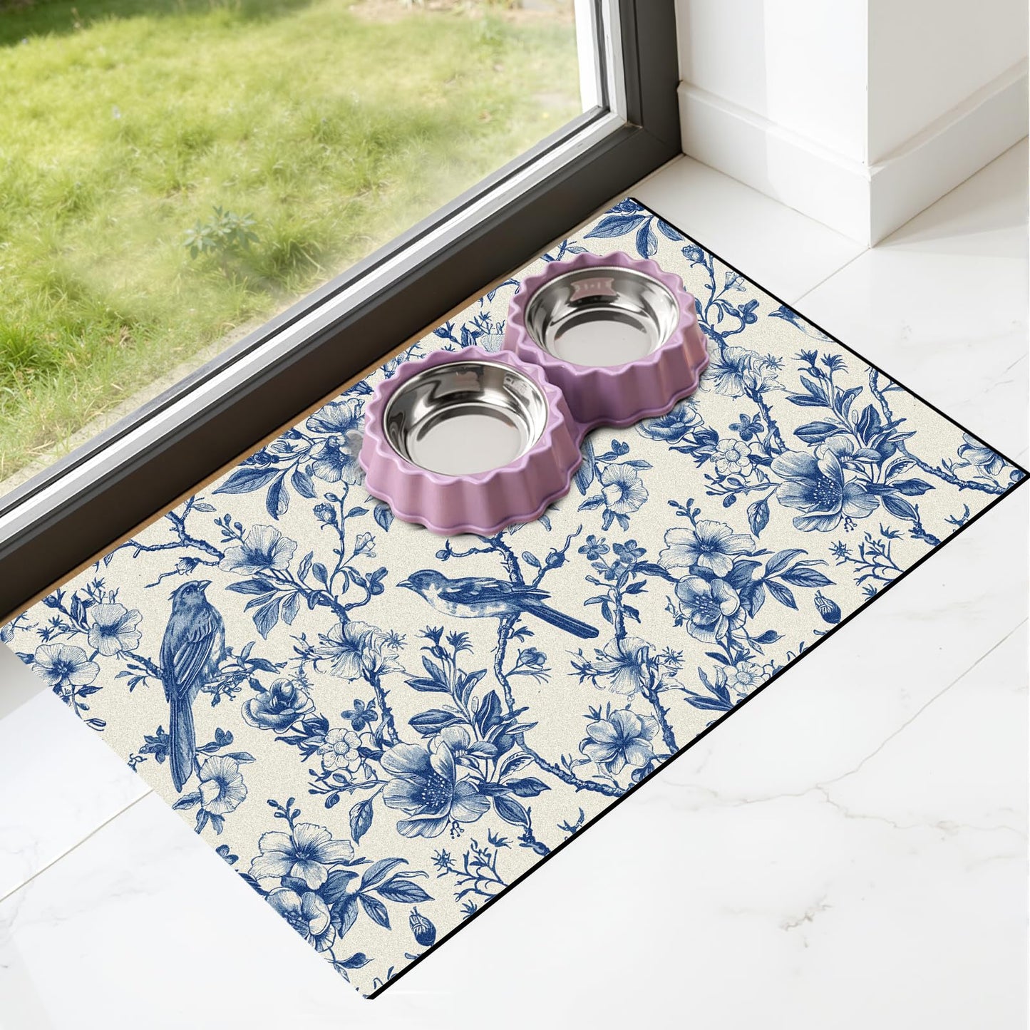 Hamdwerk Dog Cat Food Mat - Absorbent Quick Dry Dog Bowl Mats for Food and Water, Anti Slip Cat Feeding Placemat for Floors, Diatomite Pet Dish Matts Accessories Supplies, Floral Bird Style, 12*20in