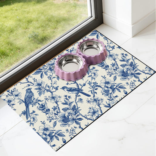 Hamdwerk Dog Cat Food Mat - Absorbent Quick Dry Dog Bowl Mats for Food and Water, Anti Slip Cat Feeding Placemat for Floors, Diatomite Pet Dish Matts Accessories Supplies, Floral Bird Style, 12*20in