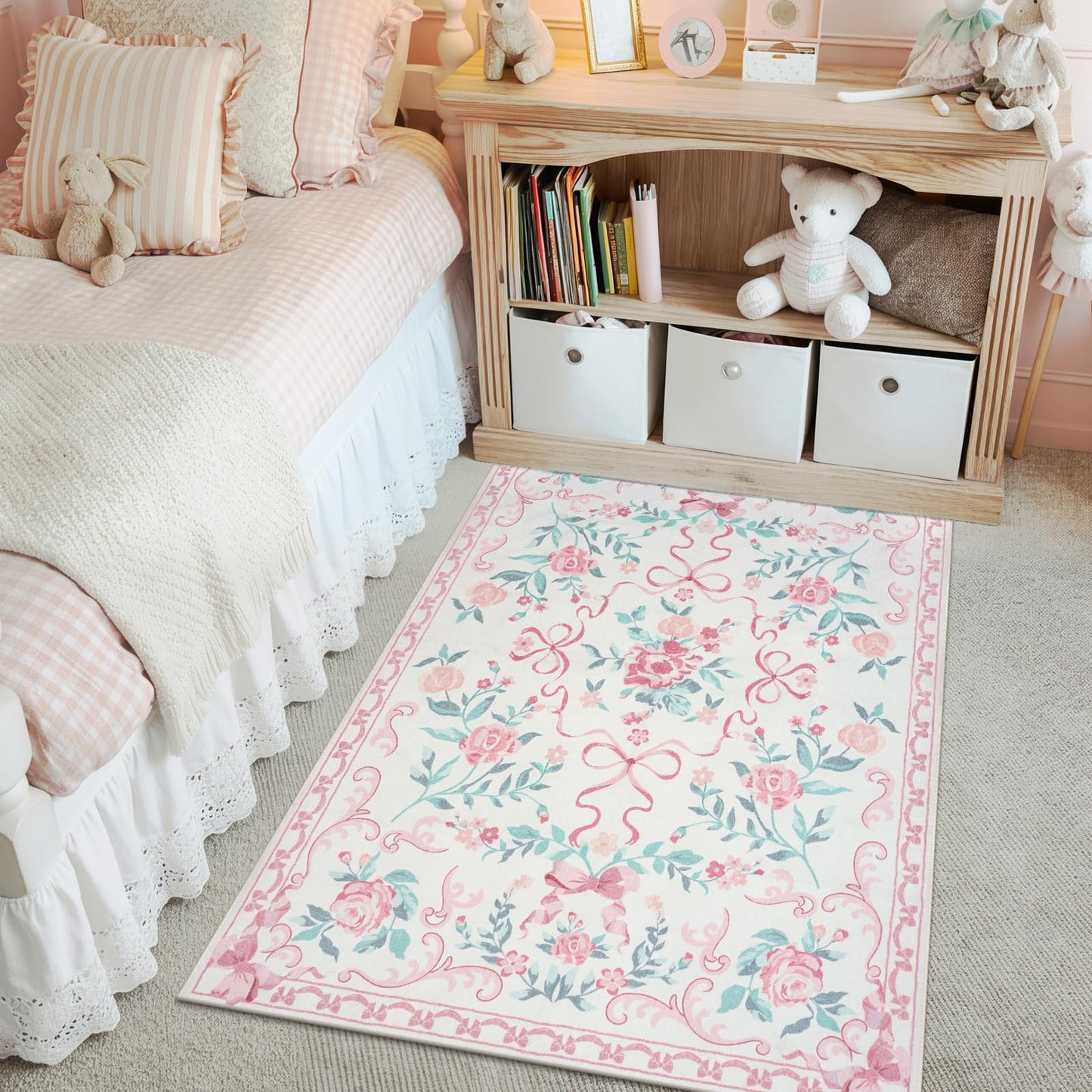 Collive 3x5 Nursery Rug, Boho Pink Floral Area Rugs Machine Washable, Soft Ultra-Thin Bow Carpet Non Slip for Girls Room Bedroom Entryway Playroom Living Room (Pink, 3' X 5')