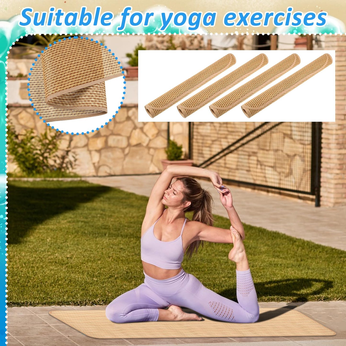 Sibosen 4 Packs Straw Beach Mat 20 * 70 inch Waterproof Non Slip Straw Mat Foldable Lightweight Picnic Mat for Camping Sunbathing Picnic Floor Yoga