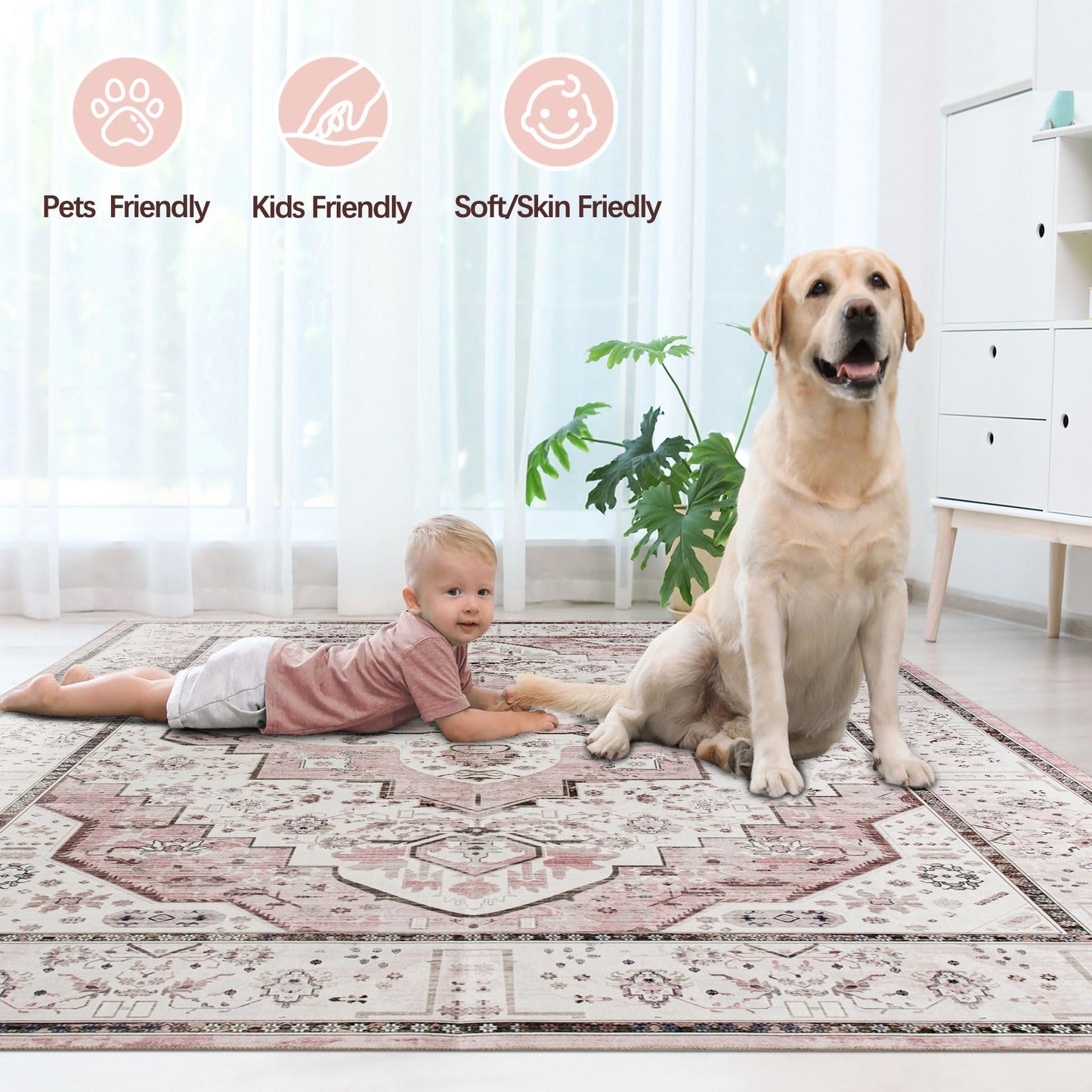 DECOMALL Maila Machine Washable Rugs 9x12ft, Traditional Oriental Pink Rug,Vintage Distressed Large Rugs Carpet for Living Room Bedroom