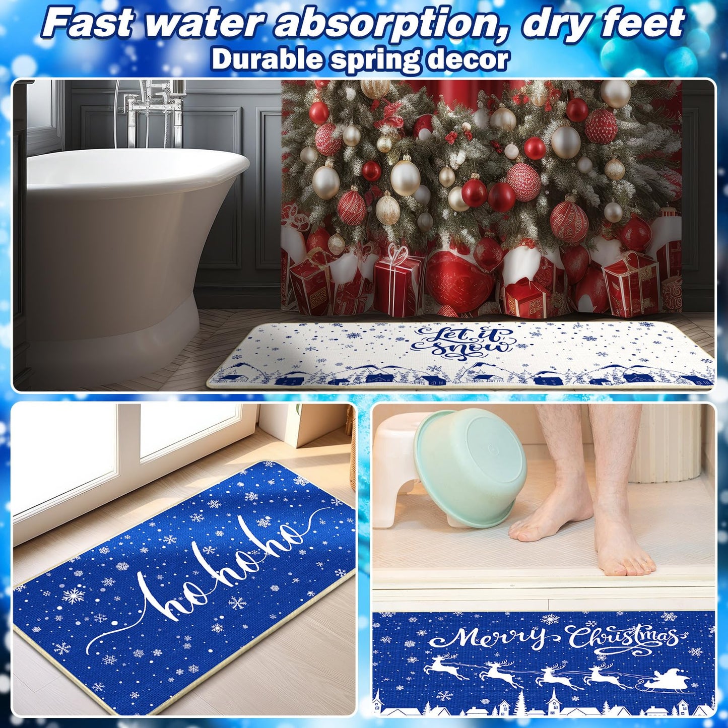 Tinideya 3 Pcs Navy Blue Merry Christmas Snowflakes Kitchen Rugs HOHOHO Let It Snow Blue Kitchen Mats Santa Christmas Decorations Village Indoor Floor Mat for Home Bathroom Decor 16.5 x 31/47/ 59 Inch