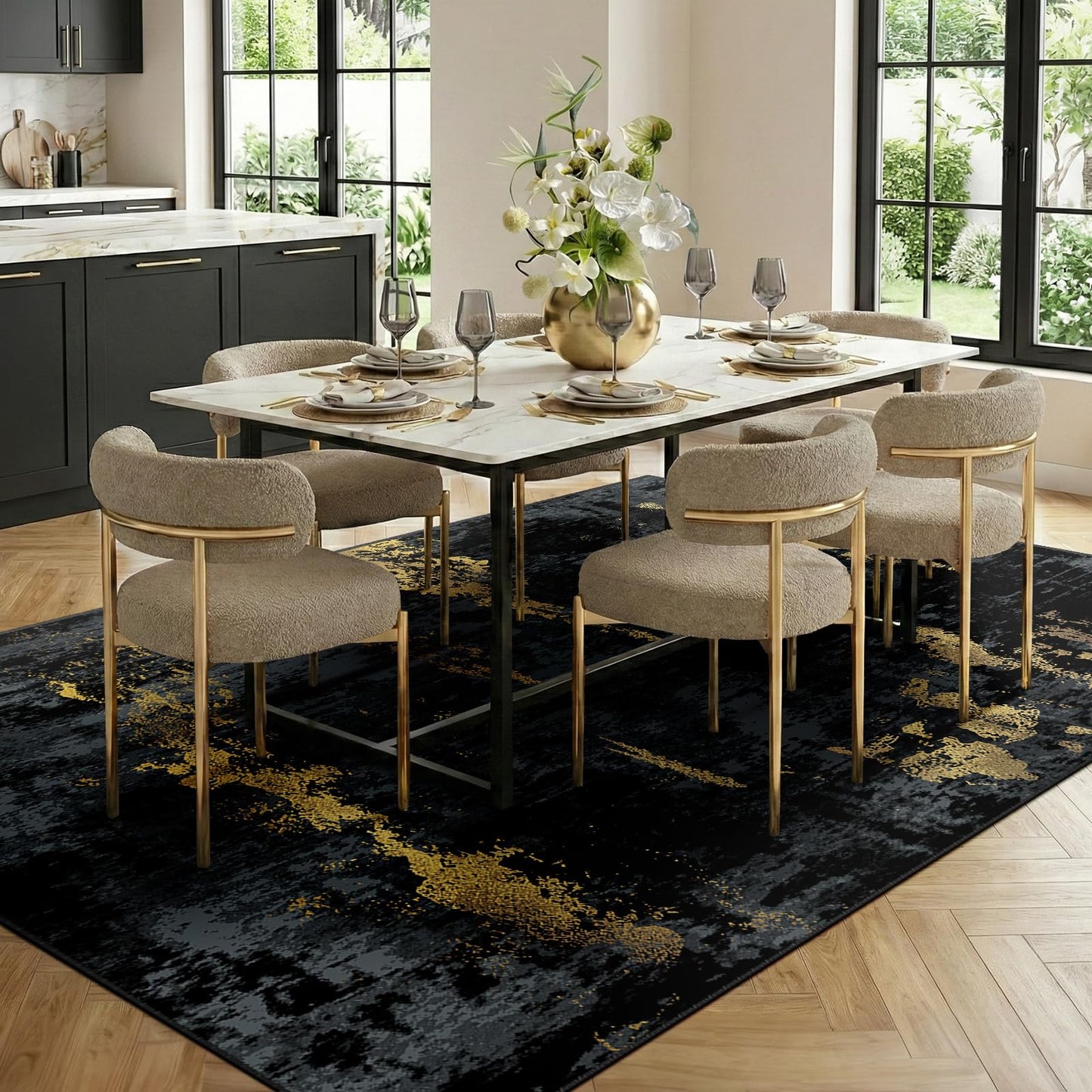 RELEANY Washable Area Rugs 8'x10' Non-Slip Modern Abstract Soft for Living Room Entryway Bedroom Kitchen, Print Pattern, Dark Black Gold