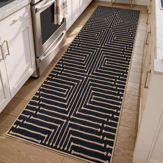 Lahome Maze Lines Easy Jute Washable Runner Rug, 2x8 Kitchen Runner Rug for Hallway, Non Slip Indoor Outdoor Rugs for Entryway Indoor, Black Low Pile Front Door Carpet for Laundry