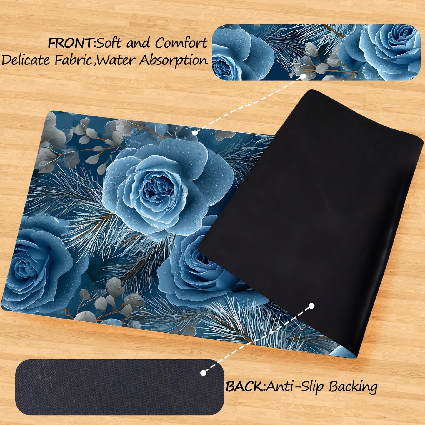 Blue Rose Laundry Room Rug 20x47 Inch – Non-Slip Winter Floral Runner Mat for Laundry Room, Entryway, Christmas Decor