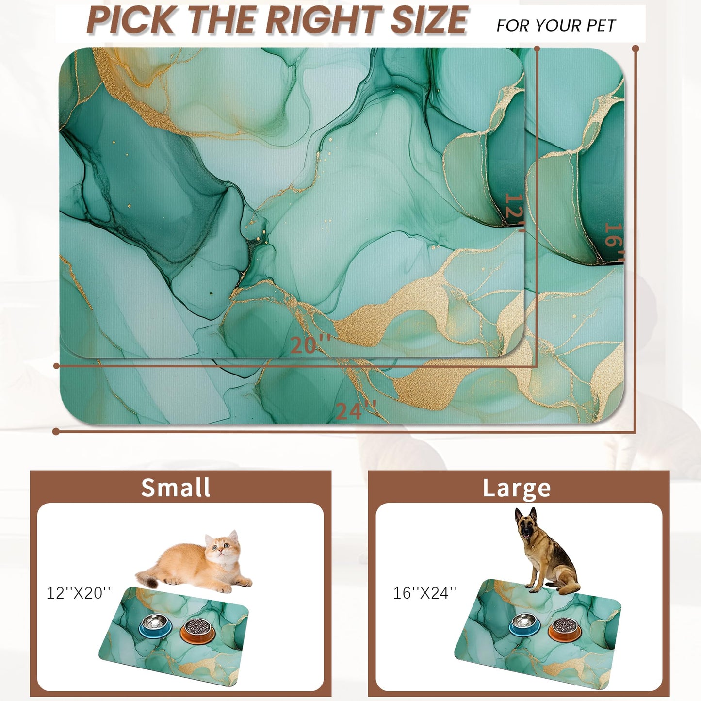 Marble Dog Food Mat for Floors,Green Gold Flowing Marble Absorbent Quick-Dry Pet Feeding Mat,Cat Dog Bowl Mats for Food and Water,Non-Slip Pet Accessories Supplies 16"x24"