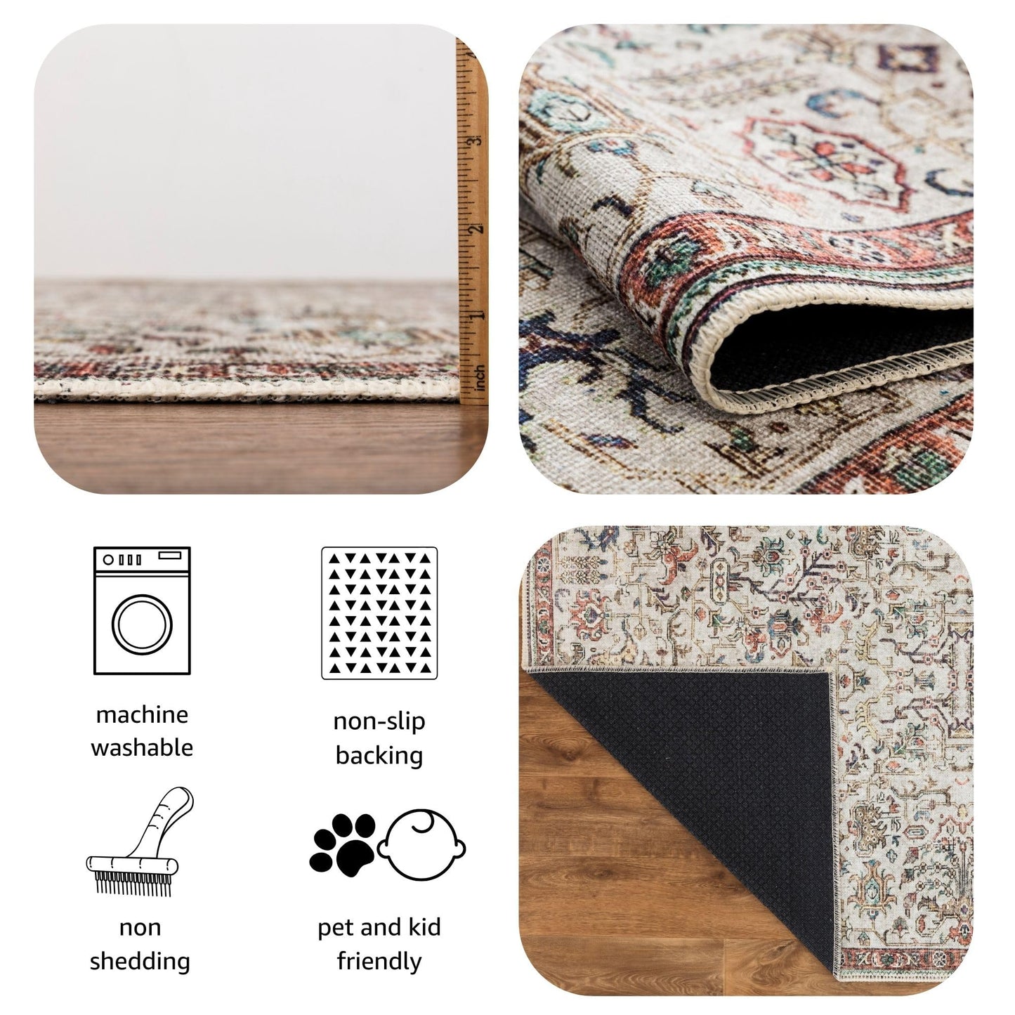 Keen Home Design 6x9 Rug - Machine Washable Area Rug with Non-Slip Backing, Ideal for Living Room, Dining Room, Bedroom - Vintage, Easy Clean, Durable, Low Pile Rug - (6' x 9')