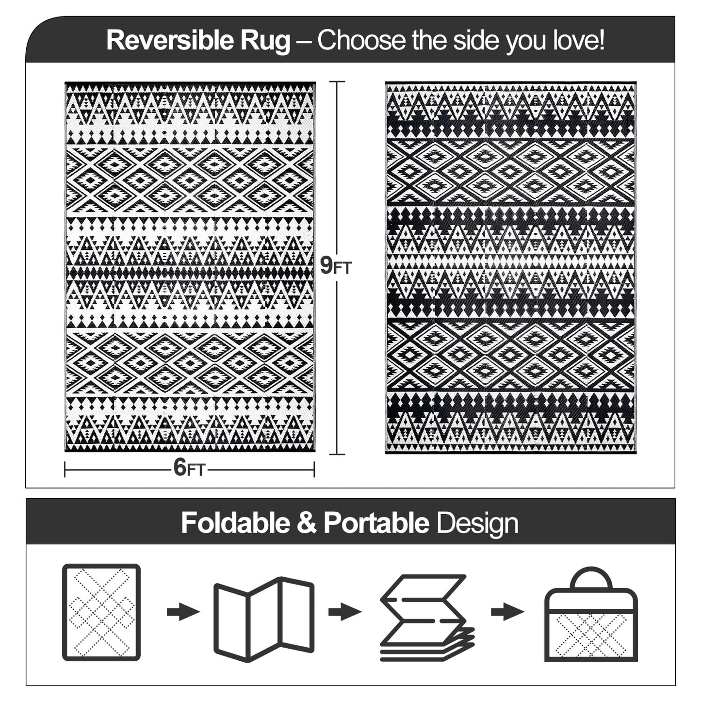 Waterproof Outdoor Rug 6x9ft, Bohemia Reversible Plastic Straw Mat for Patio RV Deck Porch Backyard Balcony Camping Picnic Beach Indoor Outdoor Carpet, Black&White