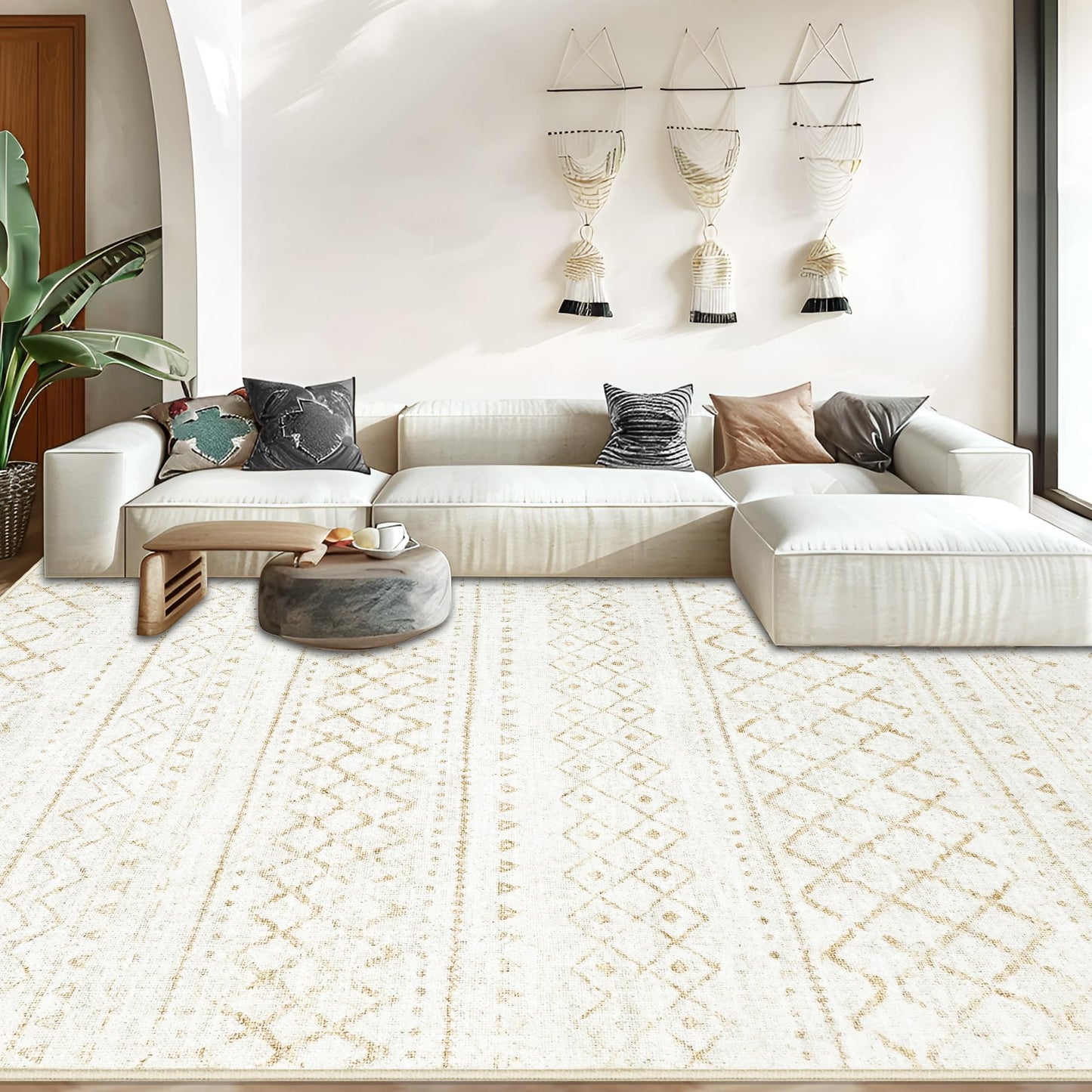 Area Rug Living Room Rugs 8x10 - Large Soft Boho Geometric Rug, Non-Slip Foldable Washable Rugs Non Shedding Morden Indoor Floor Carpet for Living Bedroom Office Dining Room (Beige,8' x 10')