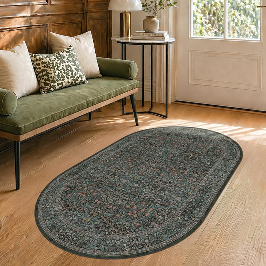 Washable 3x5 Oval Entryway Rugs, Small Oval Area Rugs for Bathroom, Kitchen, Bedroom, Reading Corner, Laundry Room, Mudroom, Non-Slip Stain Resistant Low Pile Throw Rug Indoor Door Mat (Dark Green)