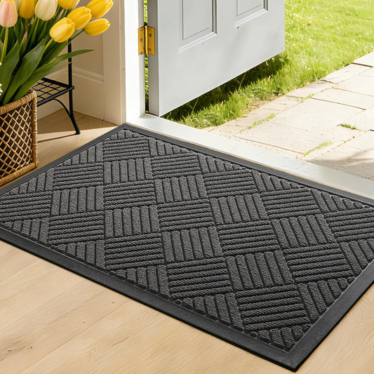WELDUN Front Door Mat, Heavy Duty Waterproof Rubber Doormat for Indoor Outdoor, Non-Slip Low Profile Dirt Trapper Absorbent Mat for Entryway, Stain Fade Resistant Easy Clean 29.5"x17", Grey