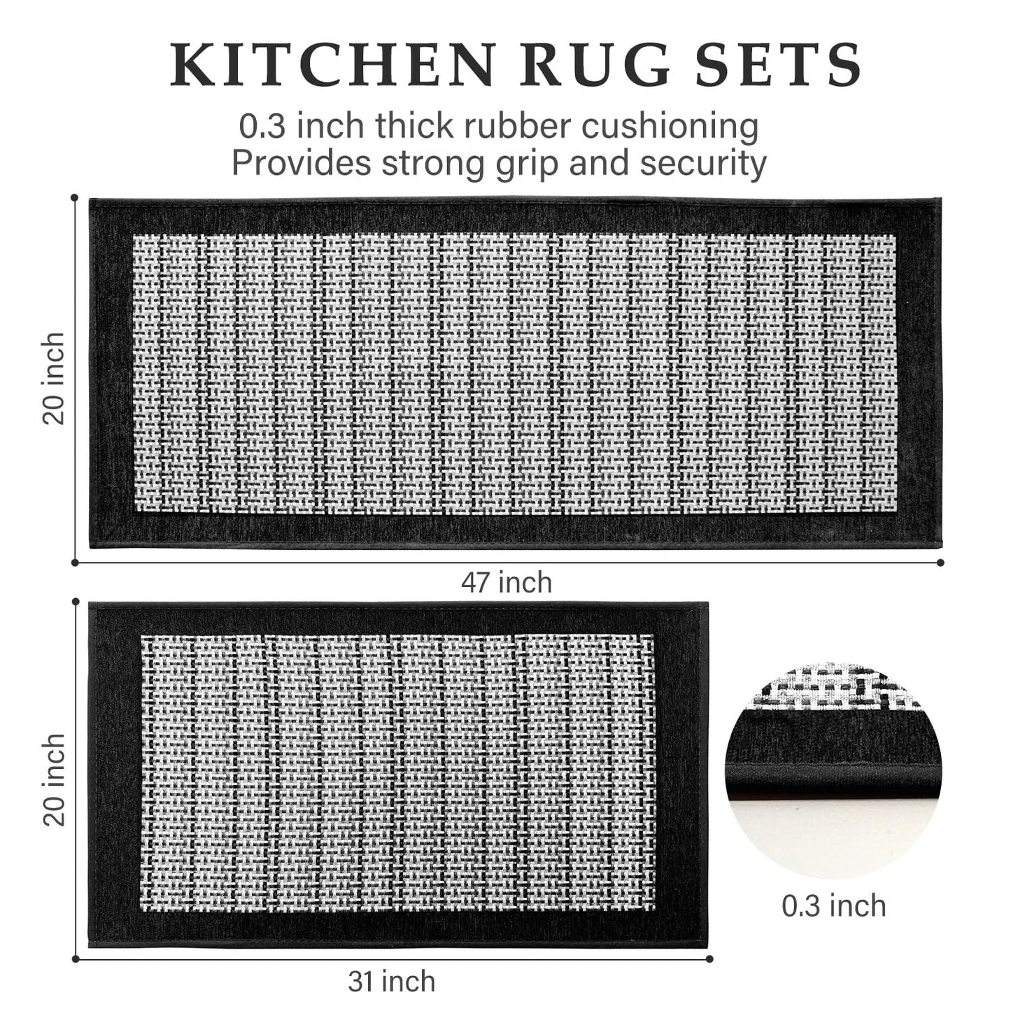 eqivei Kitchen Rugs, Non Slip Washable Kitchen Mat Set of 2, 47"x20"+31"x20", Absorbent Runner Rugs with Rubber Backing for Front of Sink, Kitchen Floor, Laundry Room (Black)