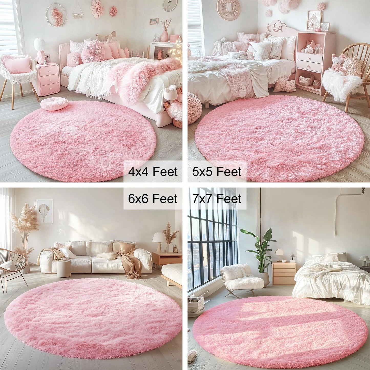 OLANLY Pink Round Rugs for Bedroom - Machine Washable, 4 ft Circle Area Rugs for Living Room, Soft and Fluffy Shaggy Carpet for Teen Girls and Boys, Nursery Rooms, Dorms, Home Decor Aesthetic